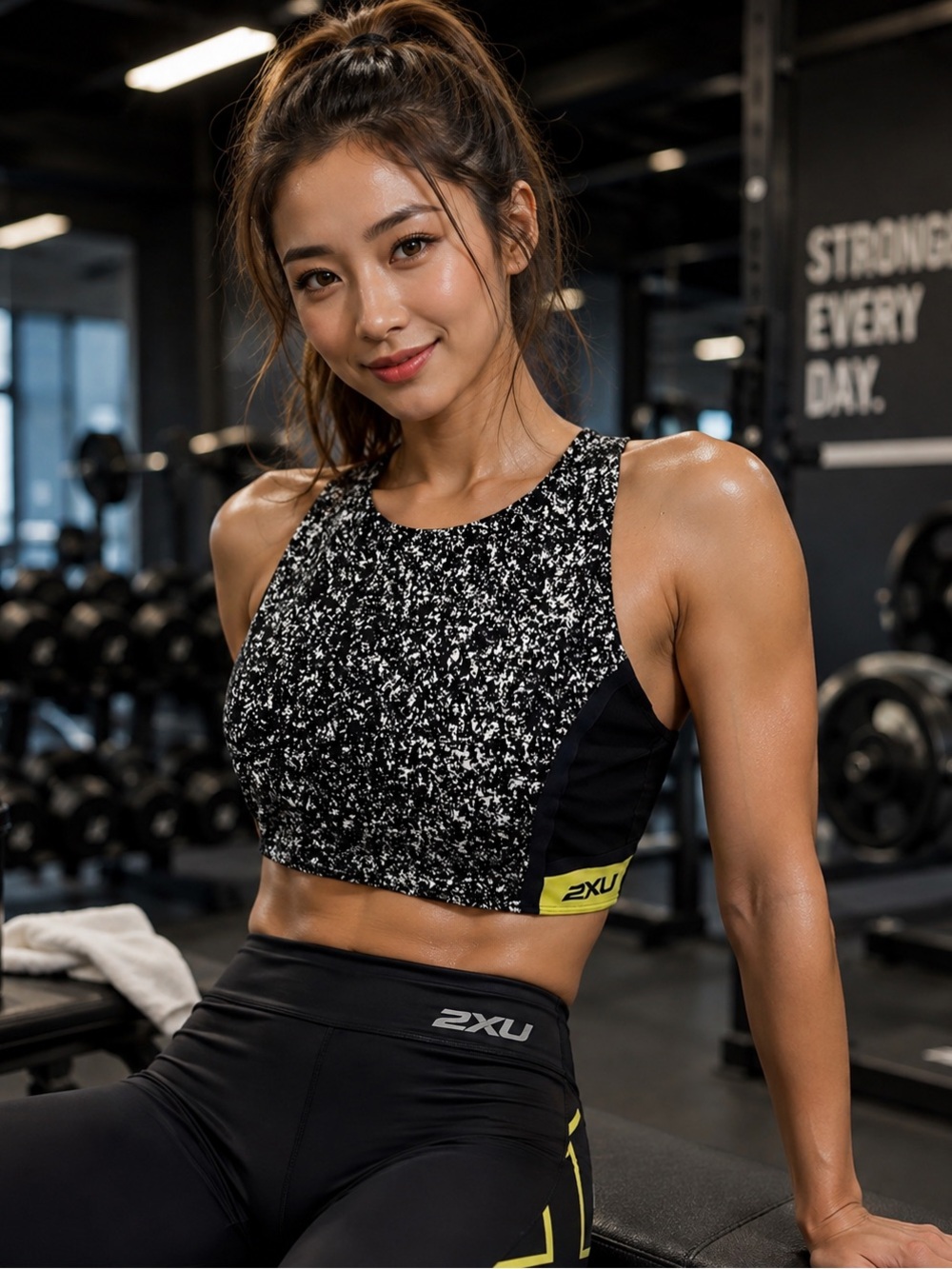 2XU Sports Bra Women’s Size L Speckled Crop Top Black White Yellow